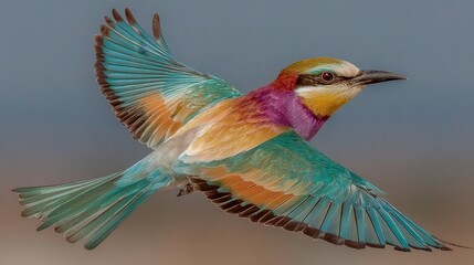 Rare tropical bird in flight colorful plumage