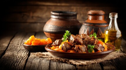 Plate of zharkoe meat stew in pot