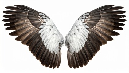 Fototapeta premium Symmetrical bird wings spread against white background, gradient feathers from dark brown to white.