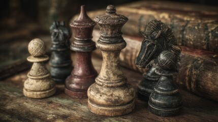 Still life of chess set on wooden table