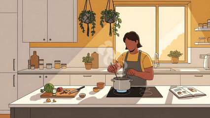 Illustration depicting home cooking as a daily hobby and enjoyable activity.