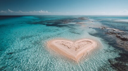 Heart shaped sandbank in tropical sea aerial view