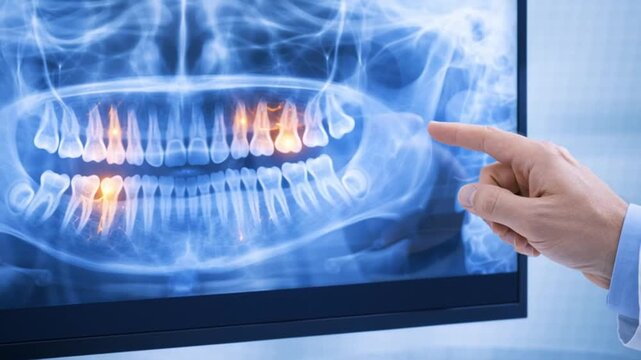 Dental x ray medical panoramic jaw tooth pain diagnosis exam inflammation dental x ray oral health tooth decay dental pain panoramic radiograph dentist pointing dental x ray medical technology tooth