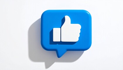 Obraz premium Blue speech bubble icon with white thumbs-up symbol, casting soft shadow on white surface.