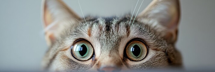 Curious cat with striking green eyes gazes intently against a soft gray background, captivating all.