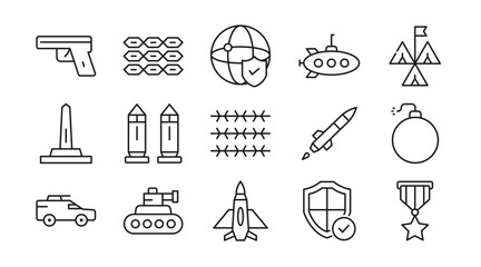Military and Defence Line Icon Set. Army, navy, air force, weapons, tanks, fighter jets, radar, strategy, defense, security, military base, shield icons vector illustration. Pixel-perfect stroke © RI Rafiq