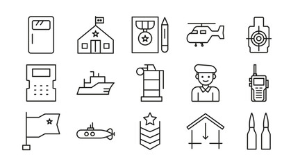 Military and Defence Line Icon Set. Army, navy, air force, weapons, tanks, fighter jets, radar, strategy, defense, security, military base, shield icons vector illustration. Pixel-perfect stroke