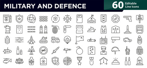 Military and Defence Line Icon Set. Army, navy, air force, weapons, tanks, defense, security, military base, shield icons vector illustration. Pixel-perfect stroke