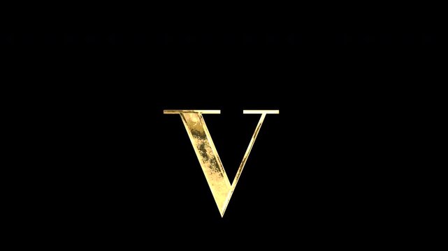 Gold lowercase alphabet &ldquo;v&rdquo;, Serif, light reflecting and patterns shifting, alpha channel