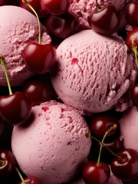 Enjoying delicious cherry ice cream scoops with fresh cherries on top in a vibrant dessert display