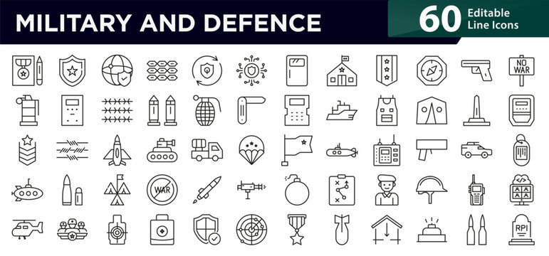 Military and Defence Line Icon Set. Army, navy, air force, weapons, tanks, defense, security, military base, shield icons vector illustration. Pixel-perfect stroke