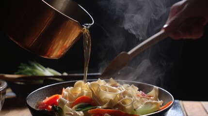 Pouring Broth into Noodles with Vegetables