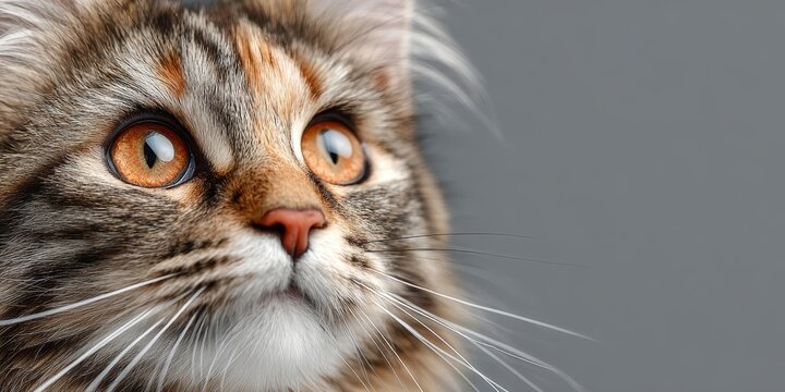 Charming LaPerm Cat Portrait with Expressive Eyes and Curly Fur on a Clean Gray Background.