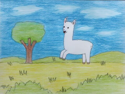 Llama stands in sunny meadow with tree in background during bright day
