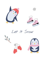 Cute penguins in winter clothes. Design for a postcard or poster with the text 