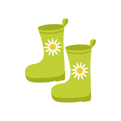 Cute kids rubber boots vector illustration with daisy flower print. Flat waterproof rain footwear for children in green color, cheerful gumboots isolated on white background.