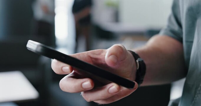 Hands, phone and typing with business person for alert, communication or notification in office. App, contact or update with employee on technology for internet search, management or text message