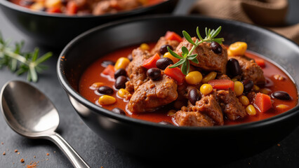 Fototapeta premium Hearty chili with beans, corn, and meat served in black bowls, garnished with fresh herbs, evokes warmth and comfort