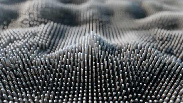 Abstract metallic pin field with undulating texture and central raised peak, reflecting light dynamically.