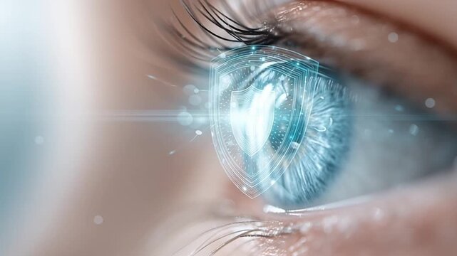 High tech medical eye protection shield with glowing futuristic technology interface for vision security iris health and biometric scanning retina lens optical protection