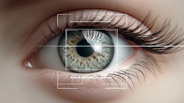 Medical technology eye close up macro iris scan with biometric scan overlay showing pupil retina cornea sclera eyelash eyelid iris biometric scan and advanced vision health monitoring for precise