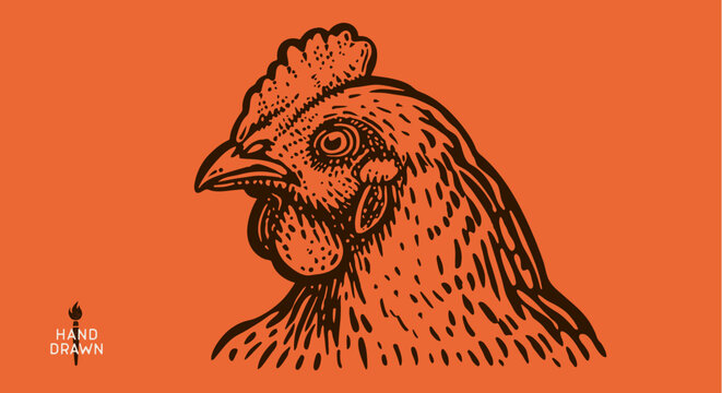 Chicken, farm hen sketch. Hand drawn. Vintage retro print hen, black drawing chicken, engrave old school style. Sketch artwork silhouette rooster, chicken, hen, white background. Vector Illustration