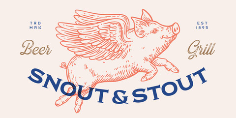 Fly piggly, pig, piglet with wings. Vintage retro pig print, black white fly piggly drawing, piglet with wings, grunge pig old school style. Silhouette angel pig, piglet, piggly. Vector Illustration