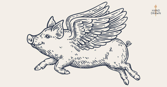 Fly piggly, pig, piglet with wings. Vintage retro pig print, black white fly piggly drawing, piglet with wings, grunge pig old school style. Silhouette angel pig, piglet, piggly. Vector Illustration