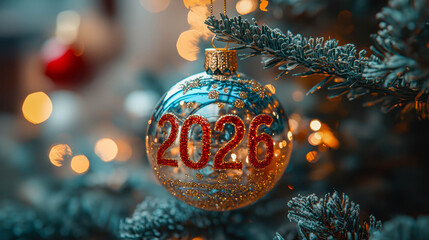 A shiny glass ornament hangs on a fir branch showing glittery 2026. Warm bokeh lights glow softly in the blurred background