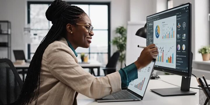 Professional woman multitasking in business presentations and creative work at desk