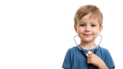Cute young child wearing a doctor's coat and holding a stethoscope, smiling confidently against a transparent background, embodying the aspirations of future healthcare professionals