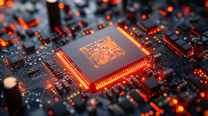 Glowing microchip sits at the center of a dark circuit board. Red LEDs and traces light up the surrounding electronic components