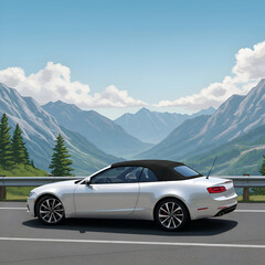 Naklejka premium A silver convertible car parked on a mountain road, enjoying the scenic view. A solo traveler in the vehicle, taking in the alpine landscape with snow-capped peaks.