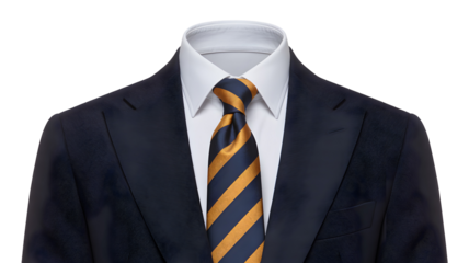 Close up of a navy blue suit jacket with a crisp white collar shirt and striped gold tie