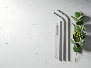 Reusable Straws and Eucalyptus on Light Surface
