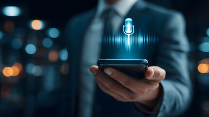Businessman using smartphone with voice assistant technology