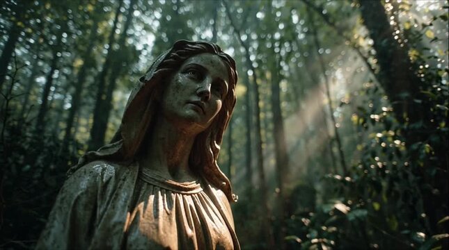 Cinematic statue of Mary Magdalene dense forest, halo golden sunlight breaking trees, soft mist swirling rays of light sparkling leaves camera orbit, ethereal spiritual atmosphere, ultra-realistic 4K