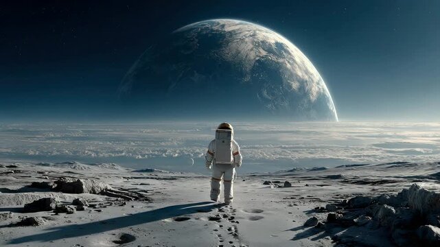Astronaut stands on lunar surface while gazing at Earth from the moon on a clear day