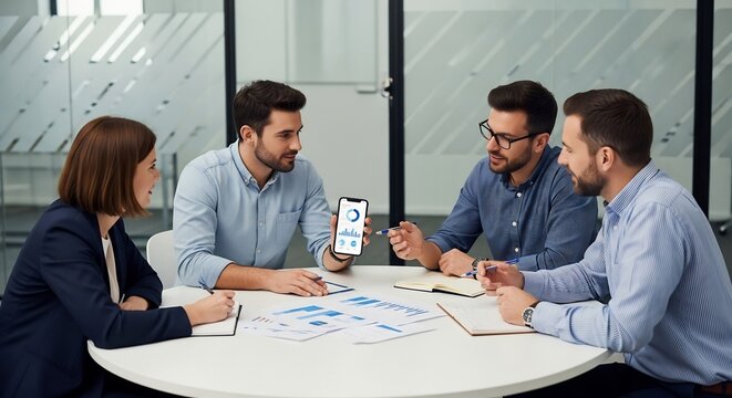 Engaged Business Professionals Reviewing Mobile Analytics and Strategy in Contemporary Office - Powered by Adobe