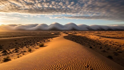 Golden Desert Landscape with Sand Dunes at Sunset