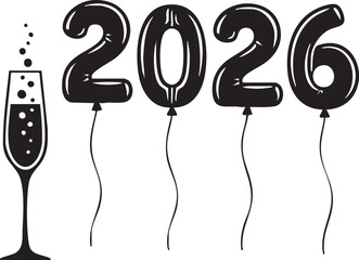 New Year 2026 Celebration Balloons and Champagne Silhouettes on White Background