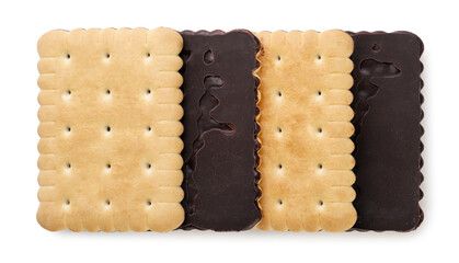 Chocolate covered cookies on a white. Top view