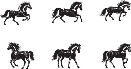 Black and white illustration depicting a sequence of a horse in motion, showcasing its powerful stride and elegant form