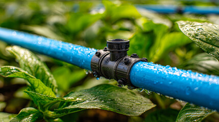 Emitter on a blue pipe provides water to plants in a garden. The system helps in the growth of healthy plants with efficient water use