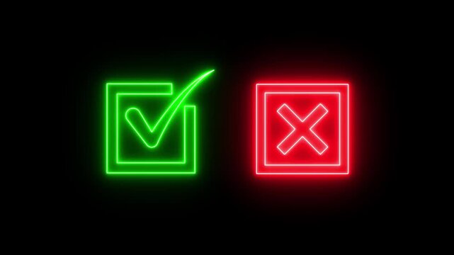 Tick or check mark signs neon icon animation. right and wrong animated neon icons, False and true. Correct and incorrect, accept and reject.