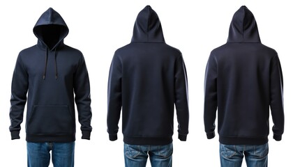 Three Quarter View of Dark Hoodie with Hood Up and Blue Jeans on White Background
