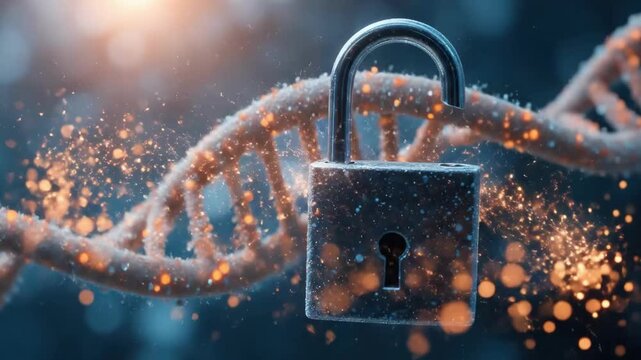Genetic code enigma, DNA padlock unlocking with bright golden energy flare, symbolizing gene editing security breakthrough, conceptual animation