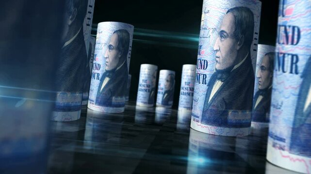 Iceland krona Icelandic money rolls loop 3d. Money on table. Seamless and loopable abstract concept of economy, finance and business. Camera between 10000 ISK rolled banknotes.