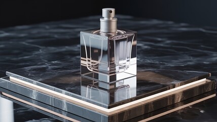 Obraz premium Clear Glass Perfume Bottle on Dark Marble Display Stand