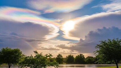 Serene lake scene with vibrant rainbow clouds at sunset